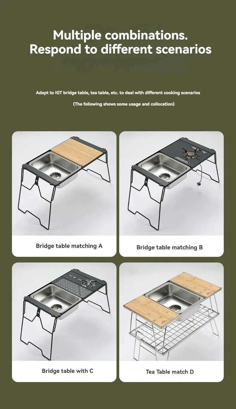 CAMPINGMOON IGT One Unit Sink by Simples Market, 304 stainless outdoor dishwashing sink with wooden top, four setups.