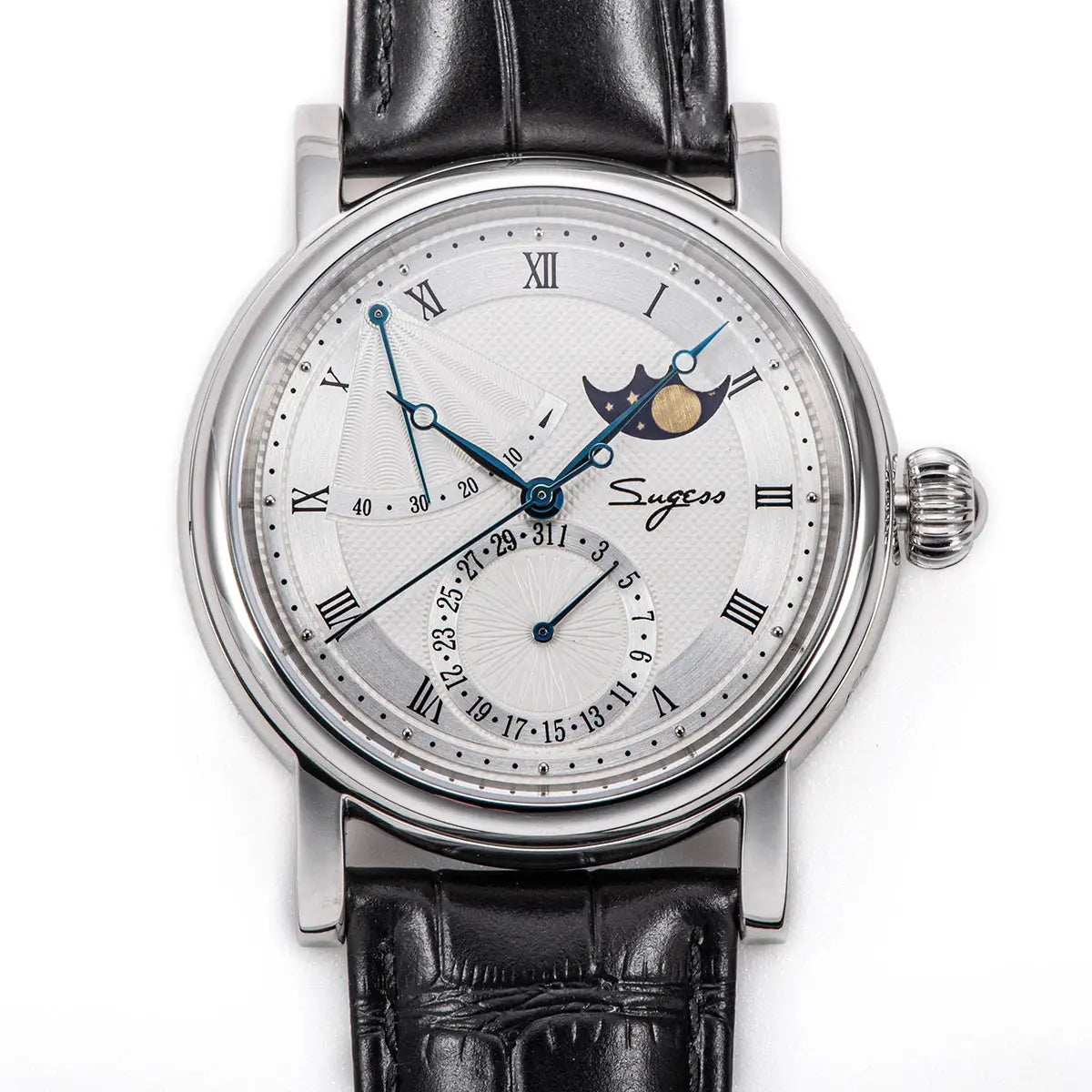 Sugess Moonphase men's watch with silver dial, blue hands, moonphase window, date subdial, black leather strap.