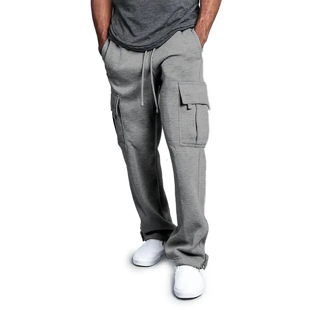 Men's gray cargo joggers with drawstring waist and multiple pockets