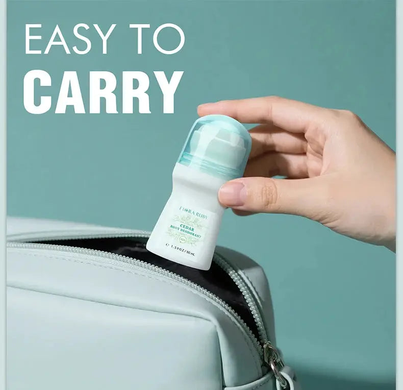 Flora Ruby Cedar Roll-On Deodorant with light-green cap, compact travel-size for easy carry
