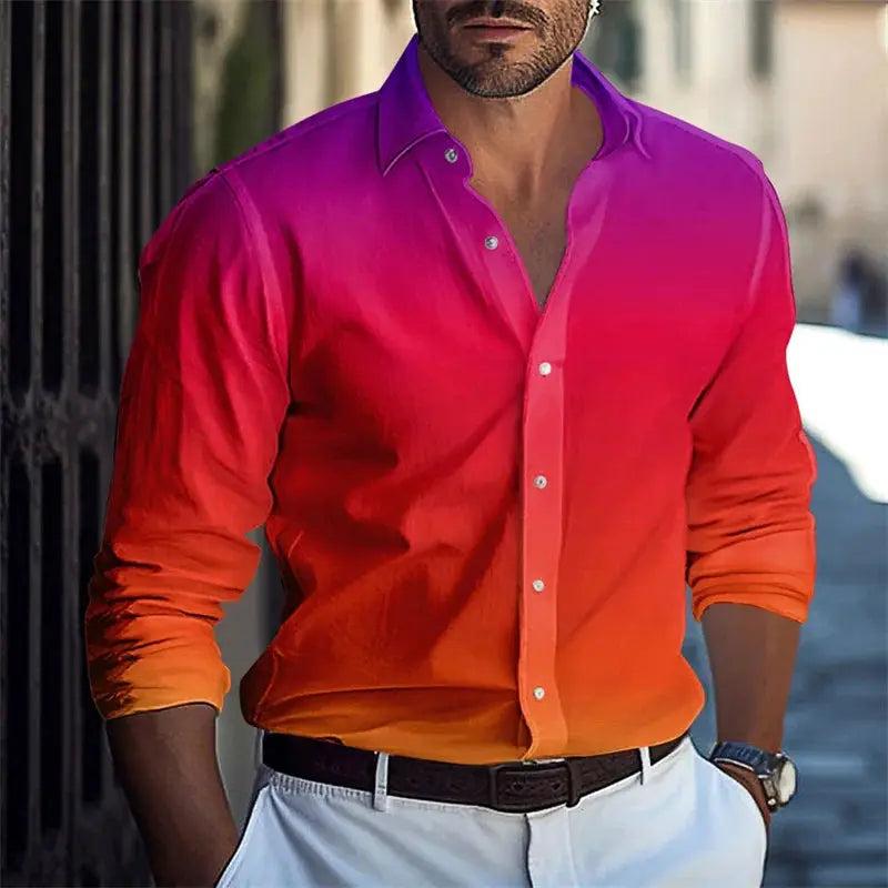 Men's casual shirt with purple-to-orange gradient, long-sleeve with rolled cuffs
