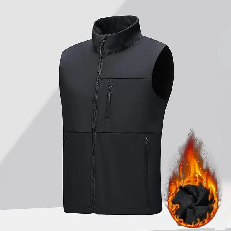 Men's black soft-shell thick vest with zip front, chest and side pockets, sleeveless windproof jacket
