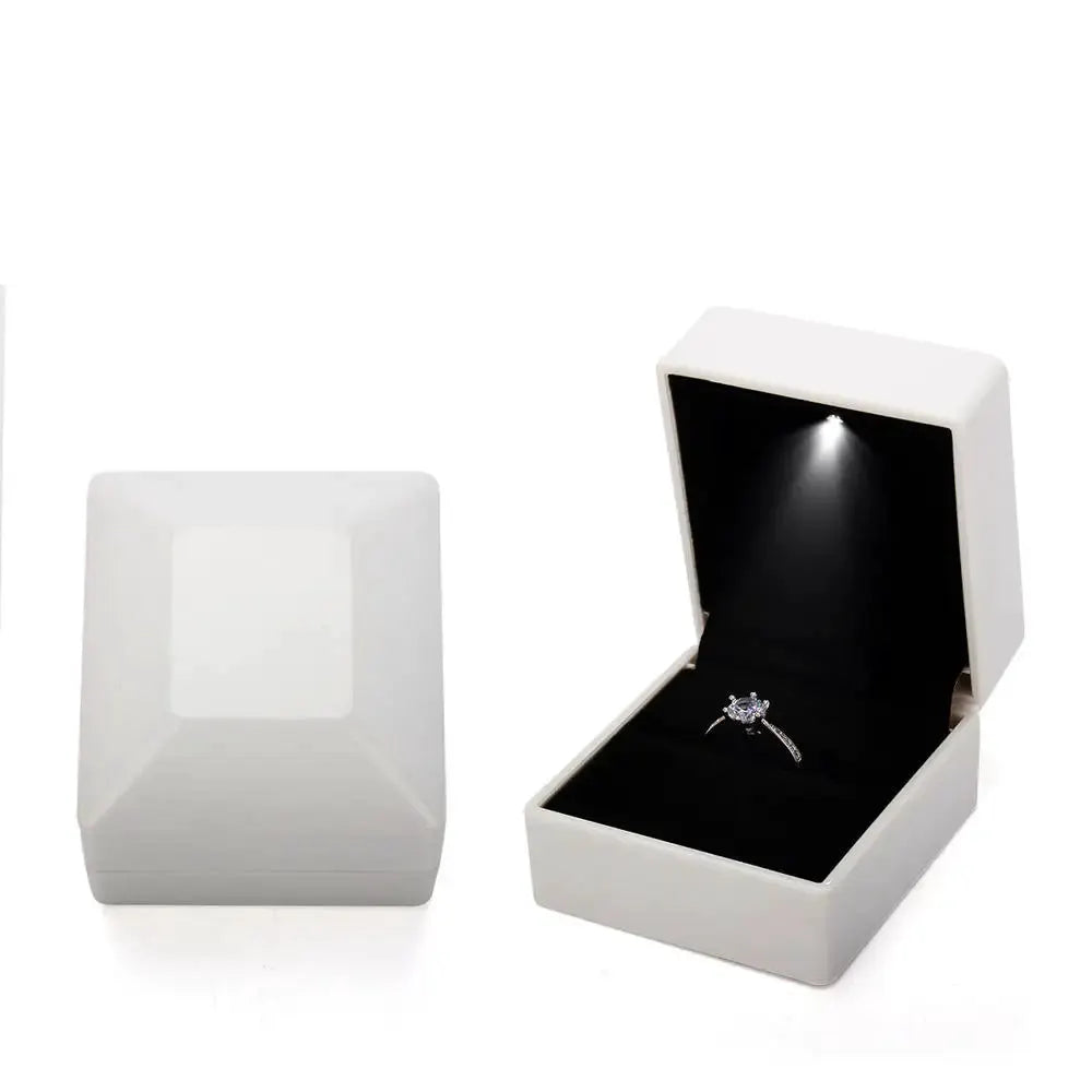 LED Jewelry Ring Box With Light Leather Exterior And Velvet Interior For Proposal Engagement Wedding Gift