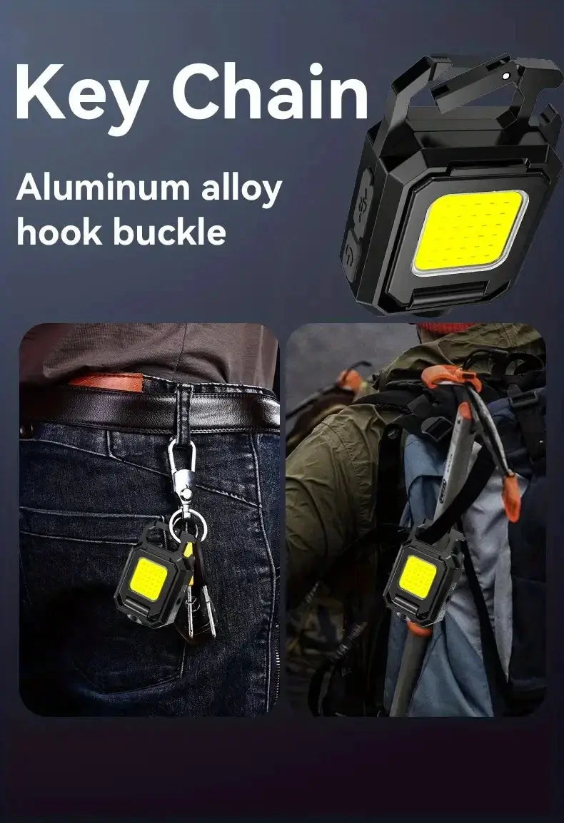 Simples Market mini USB rechargeable COB flashlight keychain with 90° foldable side lights; black compact lantern.