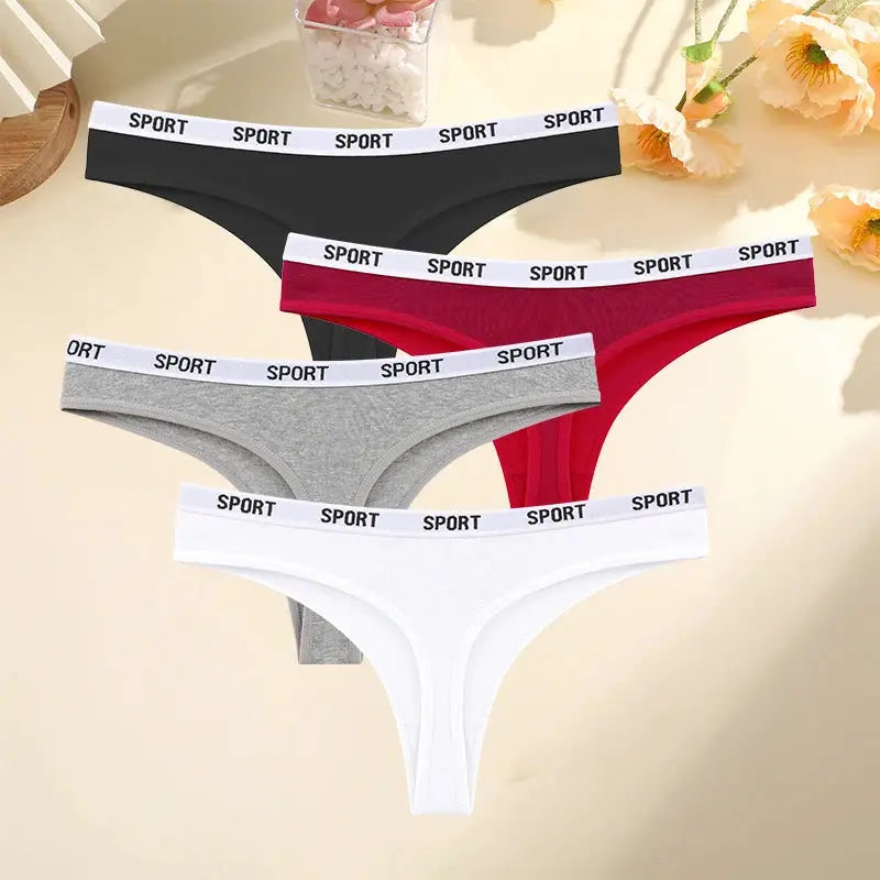 FINETOO 4-pack women's cotton thongs in black, gray, white and red with SPORT elastic waistband