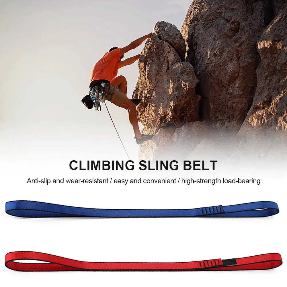 Two climbing sling belts in blue and red for outdoor rock climbing.
