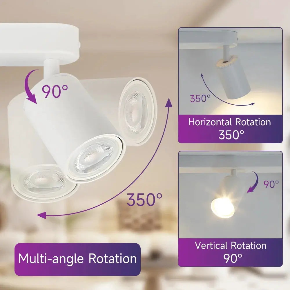 Three-head GU10 LED spotlight ceiling light by Simples Market, white finish, 350° horizontal and 90° vertical rotation.
