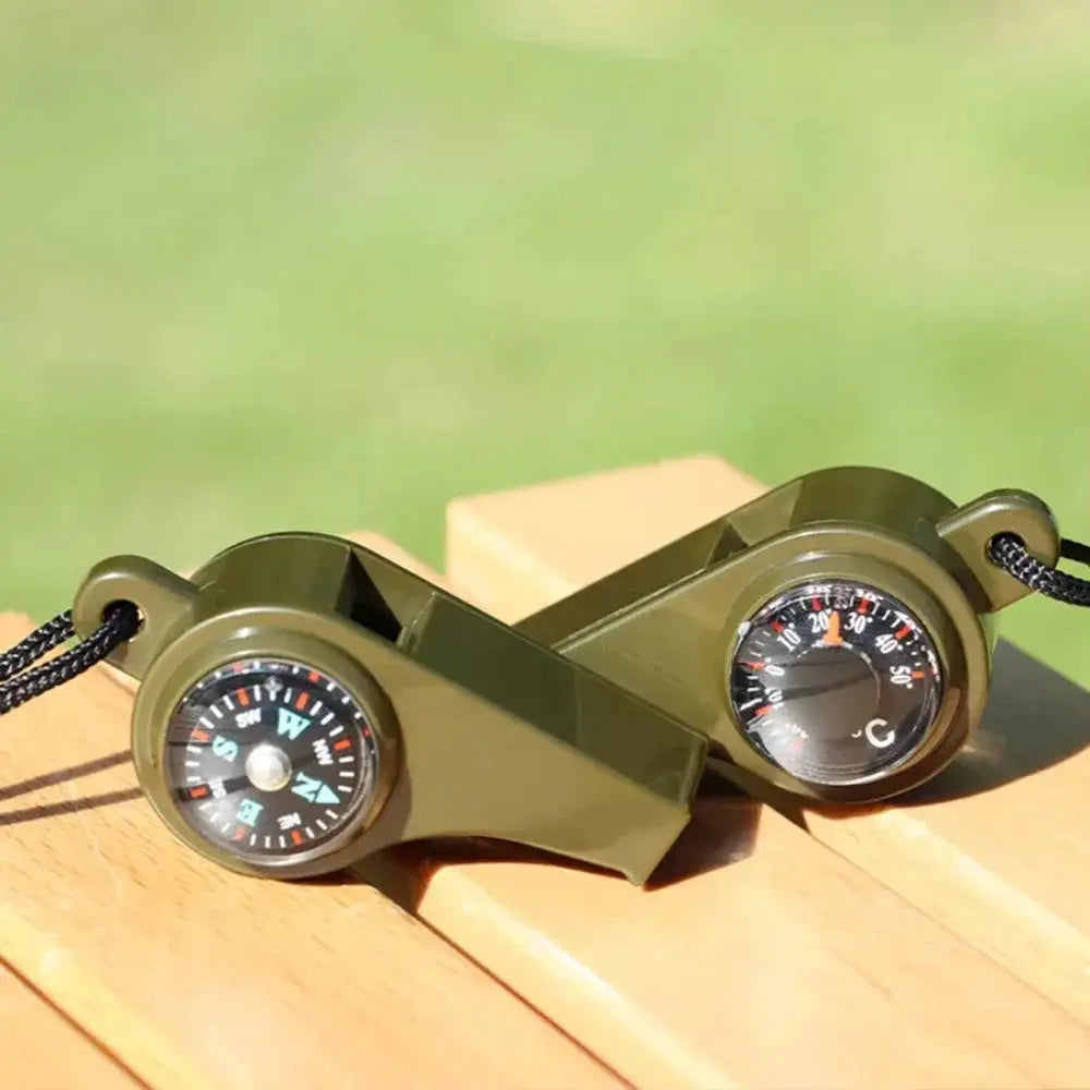 3in1 outdoor emergency whistle with two instruments: compass and thermometer, olive-green by Simples Market on a lanyard
