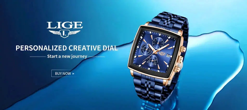 LIGE men's square blue dial wristwatch with blue stainless steel band, gold-tone bezel, quartz movement