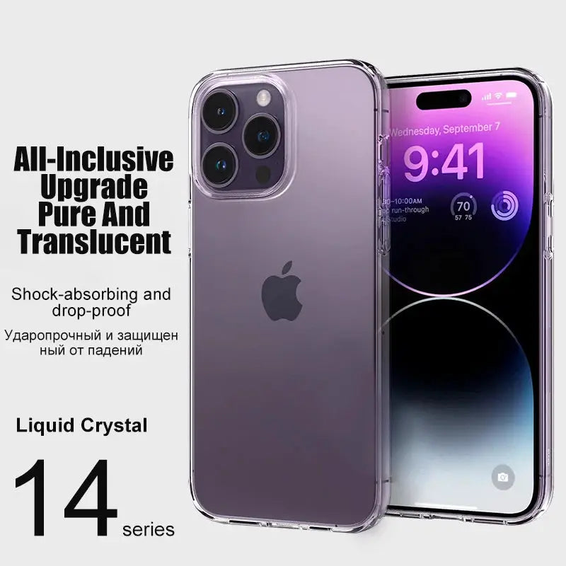 Simples Market clear silicone phone case for iPhone 14 series; transparent bumper back cover, shockproof; 2 phones shown