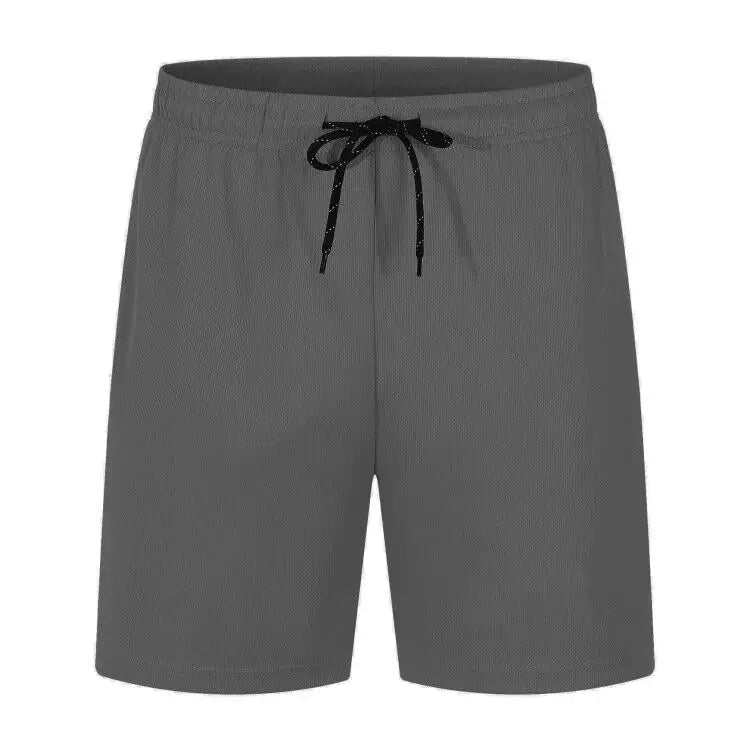 Men's grey quick-dry mesh sport shorts with black drawstring, polyester.
