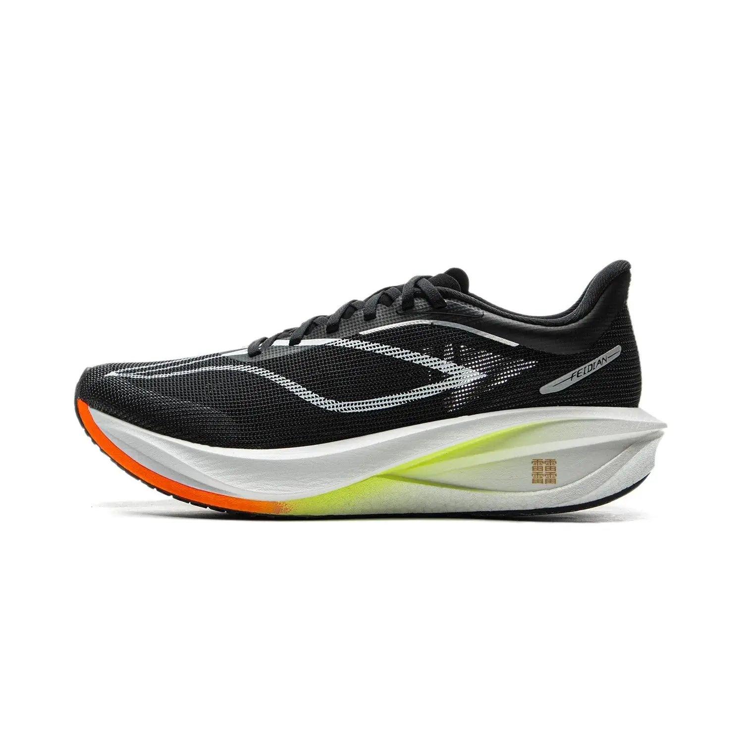 Li-Ning FEIDIAN 5 Challenger running shoe, black knit upper with white side stripe and neon lime sole.