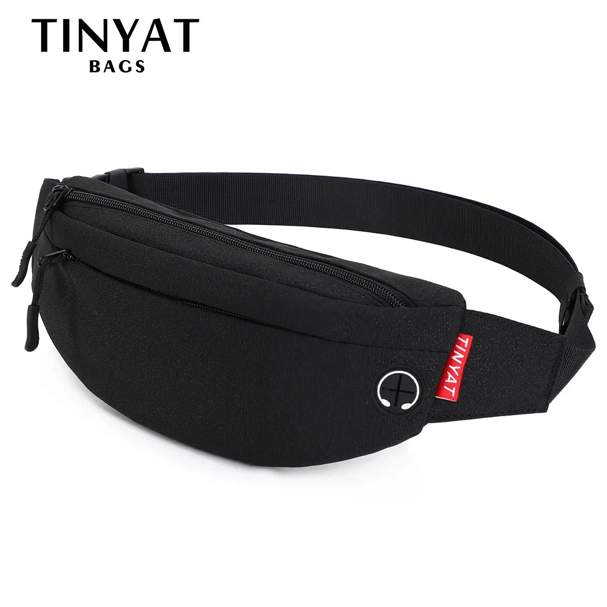 TINYAT black waist bag with dual zippers and adjustable strap.