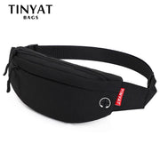 TINYAT black waist bag with dual zippers and adjustable strap.
