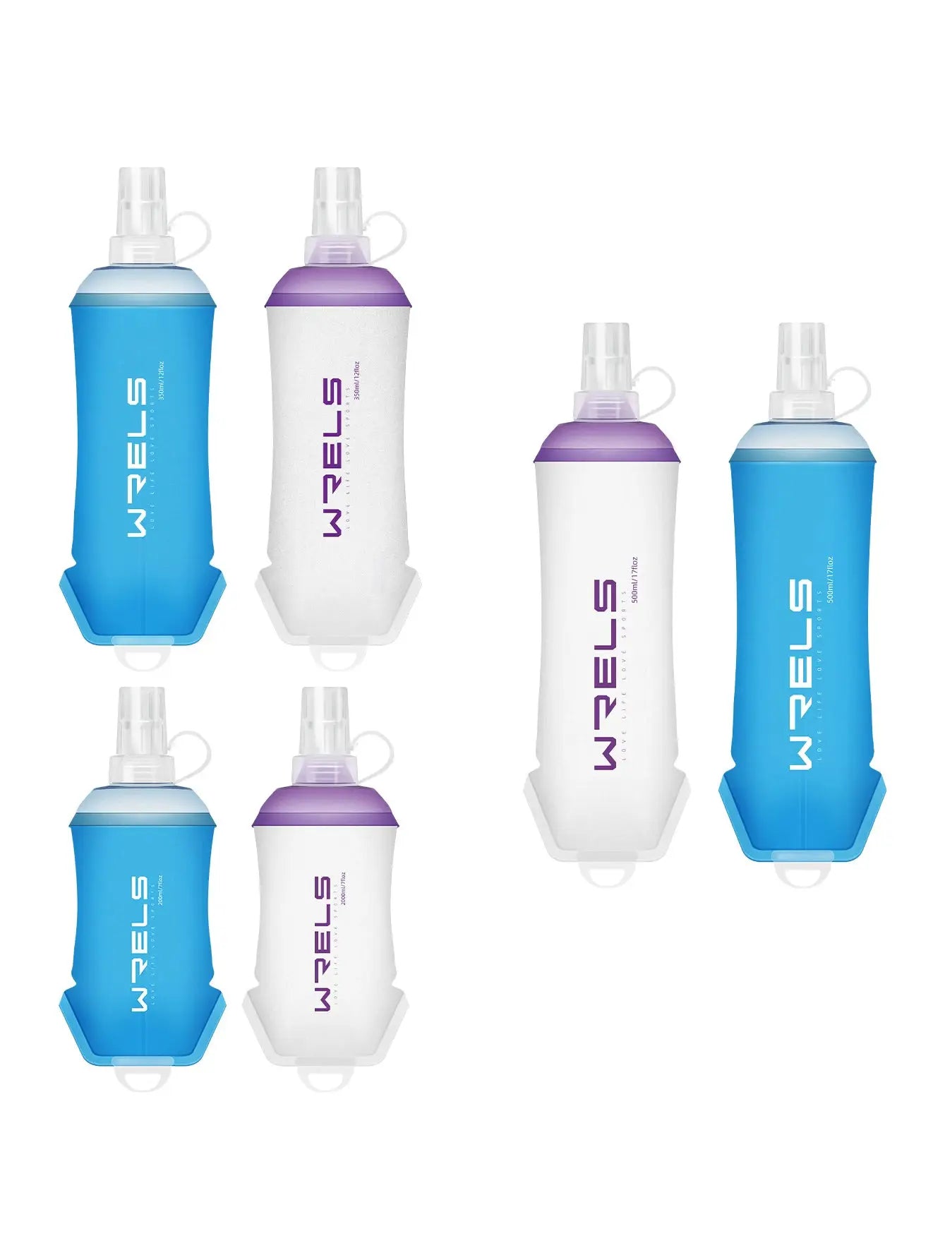 WRELS folding water bottle set, 8 TPU soft flasks in blue and white with purple caps, BPA-free