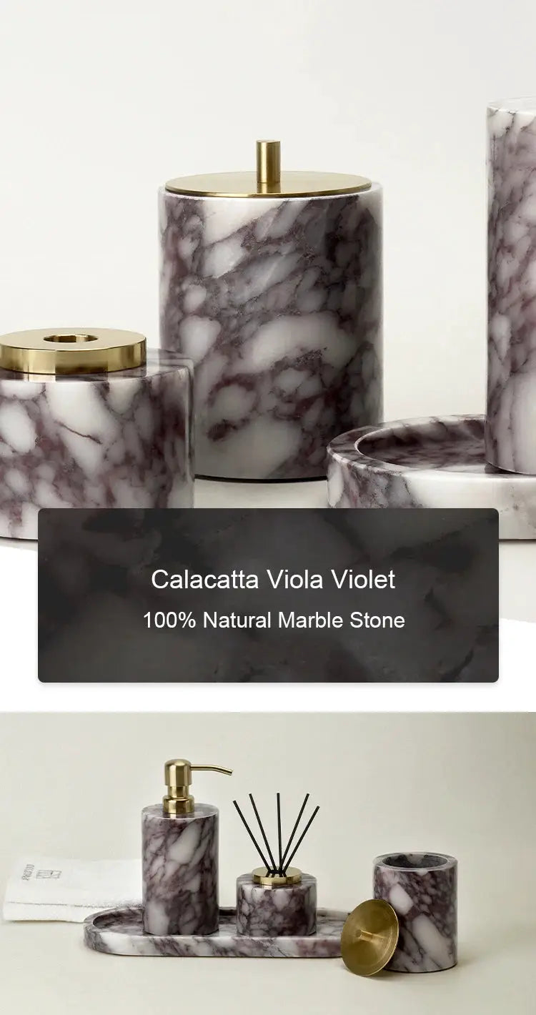Calacatta Viola Violet marble bathroom accessories set: soap dispenser, cotton-swabs jar, and tray with gold-tone lids