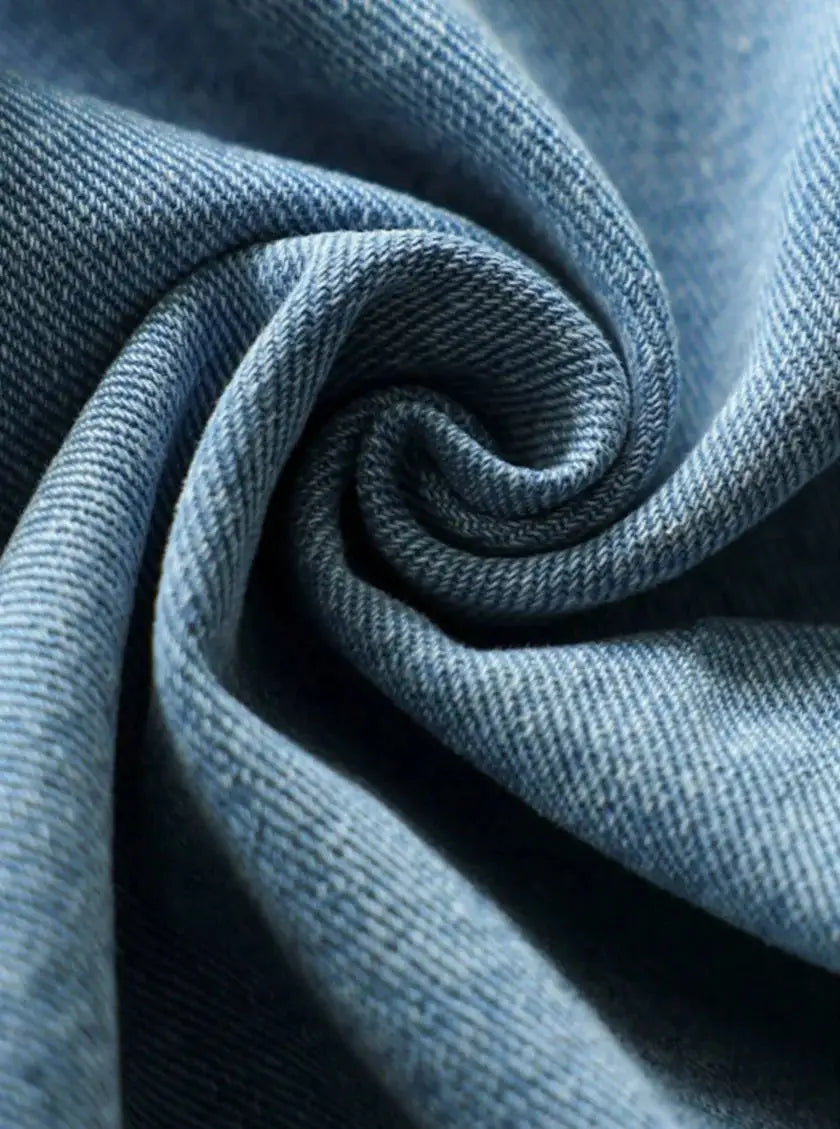 Men's light blue wide-leg utility denim shorts by Simples Market, fabric close-up