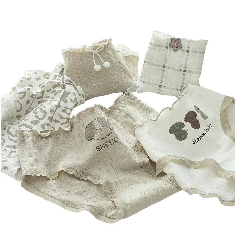 5 pieces cotton women's panties set in beige with fruit cartoon prints by Simples Market
