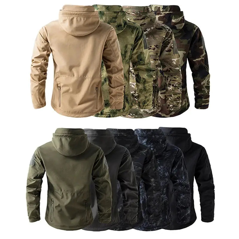 Lurker Shark Skin Soft Shell Tactical Jacket for men, set of 10 hooded jackets in desert camo, olive, and black