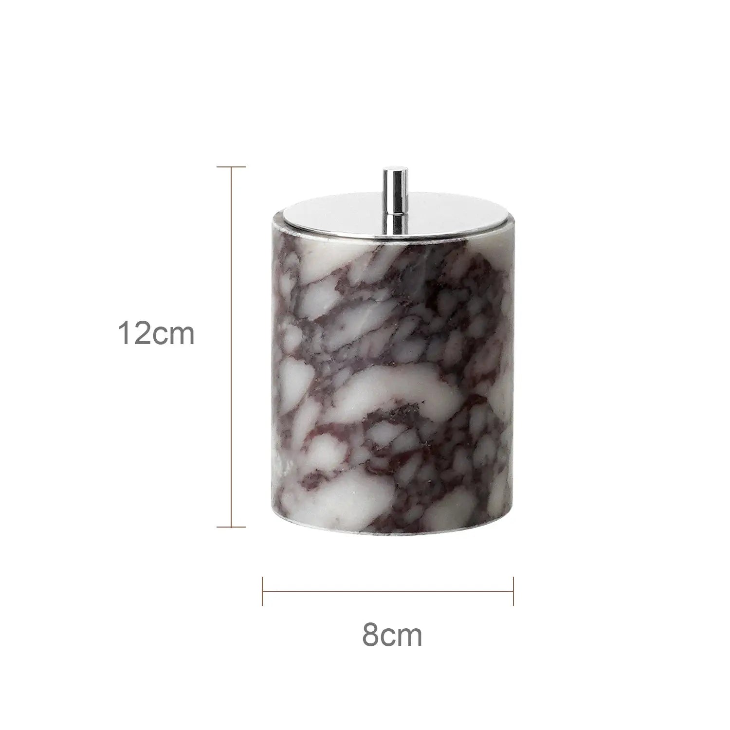 Calacatta Viola violet marble soap dispenser with chrome pump, 12 cm tall, 8 cm diameter