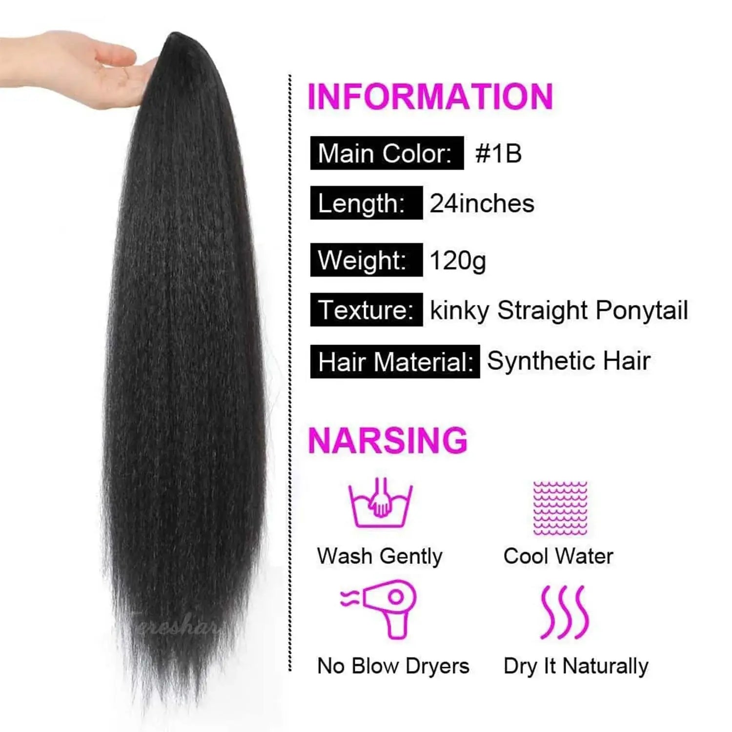 Synthetic Yaki Drawstring Ponytail Extension with Bangs, 24in, color #1B, straight clip-in hair by Simples Market