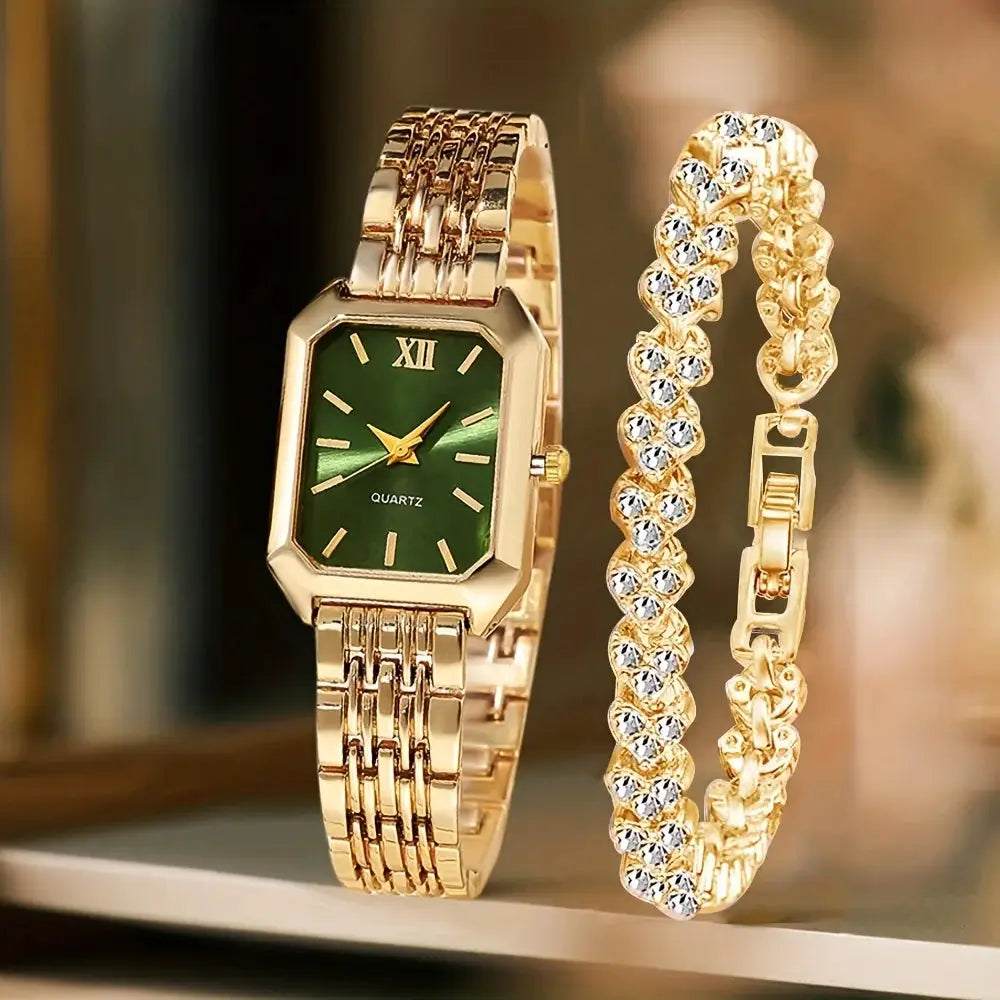 2-piece gold-tone watch and bracelet set, rectangle women's quartz watch with green dial and rhinestone bracelet