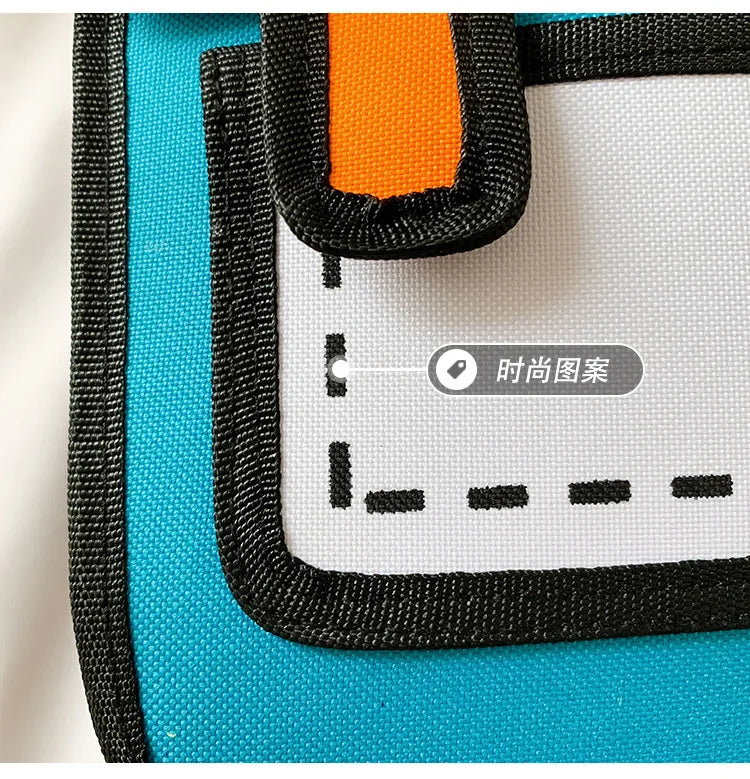 School backpack in turquoise with white panel, black trim, and orange loop strap.