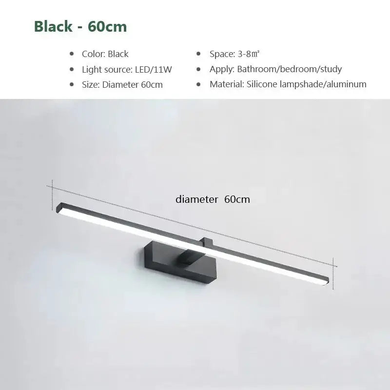 LED wall lamp, black, 60cm horizontal bar, modern indoor bathroom lighting by Simples Market