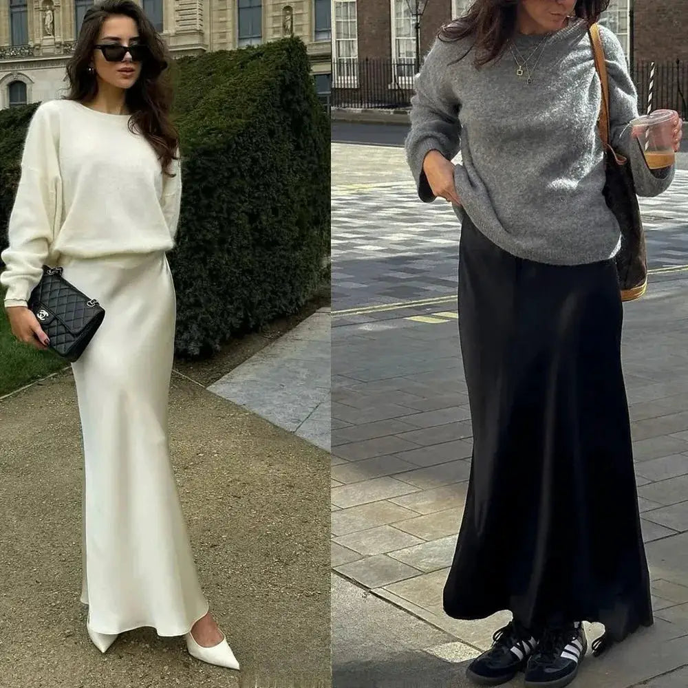 Kondala Vintage Satin Long Skirt For Women High Waist Solid Silky Fashion 2025 Spring Elegant Timeless Comfort