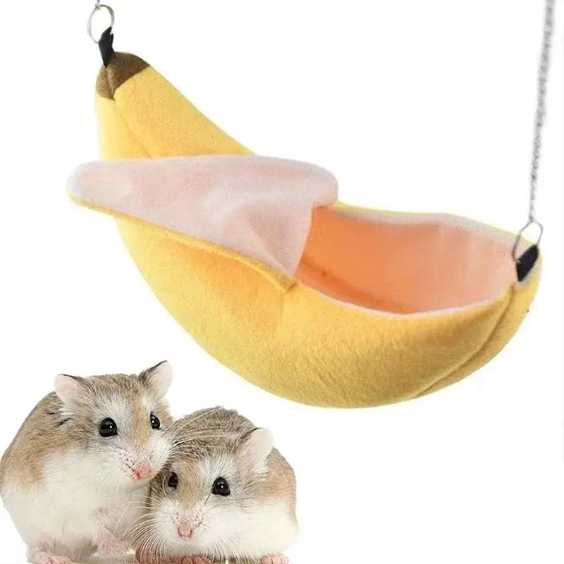 Banana hamster bed hammock by Simples Market; yellow plush with pink interior, hanging cage bed for small pets