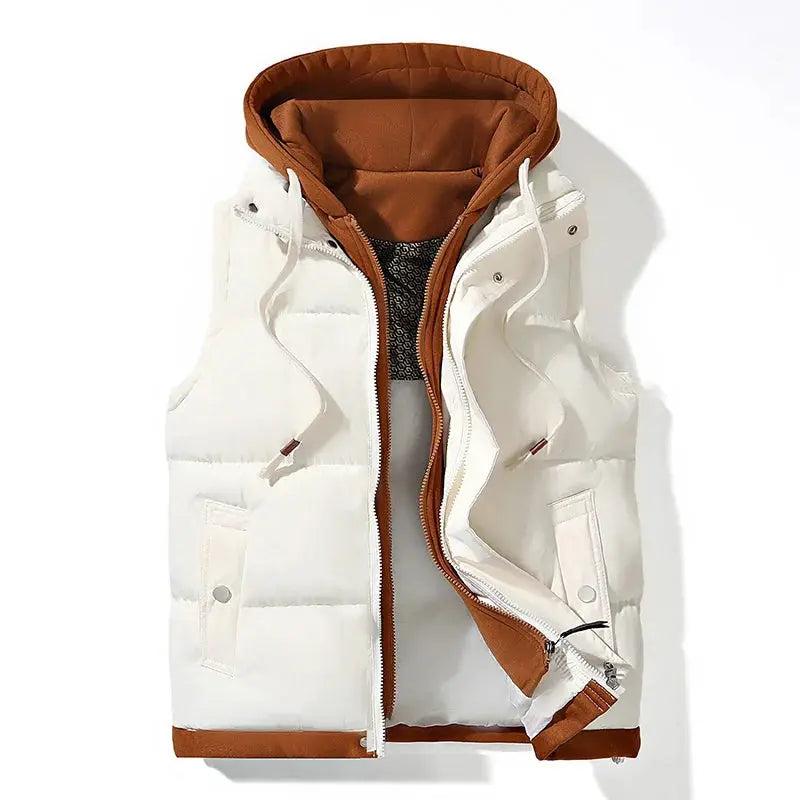Simples Market white puffer hooded vest for men, sleeveless windproof cotton jacket with brown hood lining