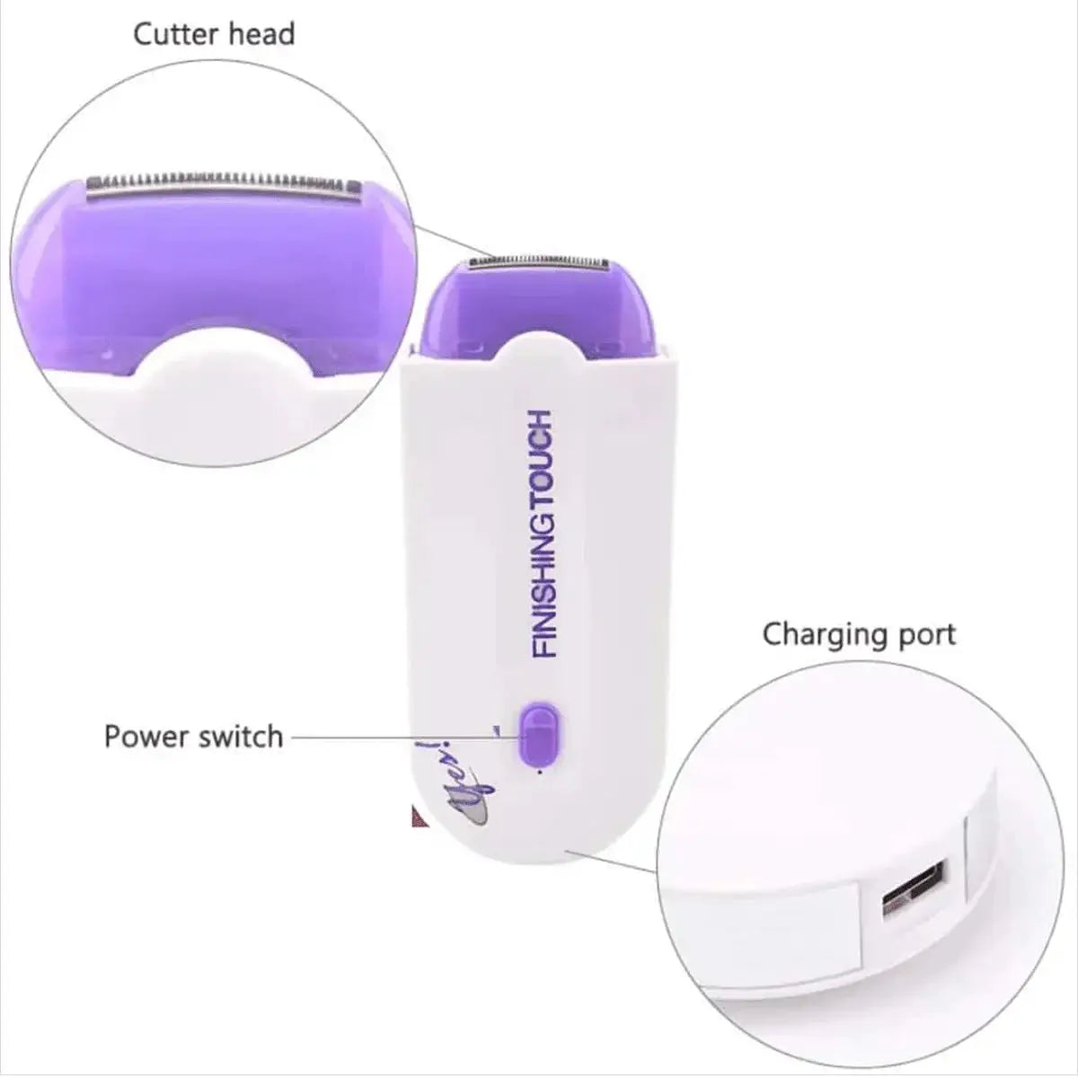 Simples Market Finishing Touch electric shaver with purple cutter head and visible charging port