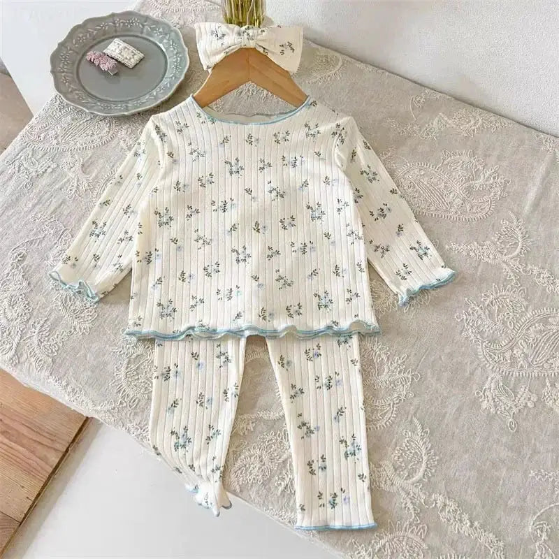 LittleLuxe Baby Floral Cotton Pajama Set With Lace Trim Long Sleeve Two Piece Sleepwear For Autumn
