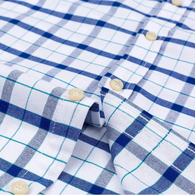 100% cotton oxford shirt, men's long-sleeve blue plaid with beige buttons, Simples Market