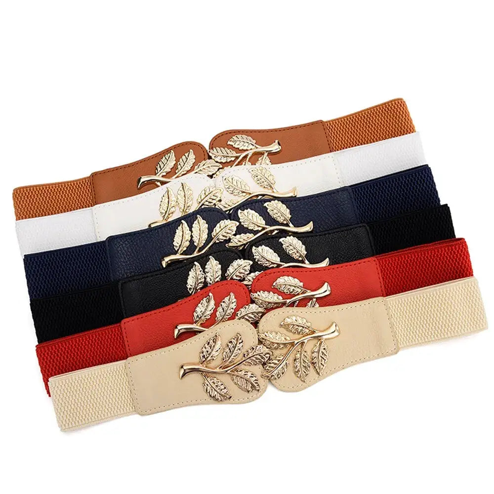 Aurora Women's Elastic Waist Belt With Gold Leaf Closure And Double Hook Buckle With Elegant Secure Fit