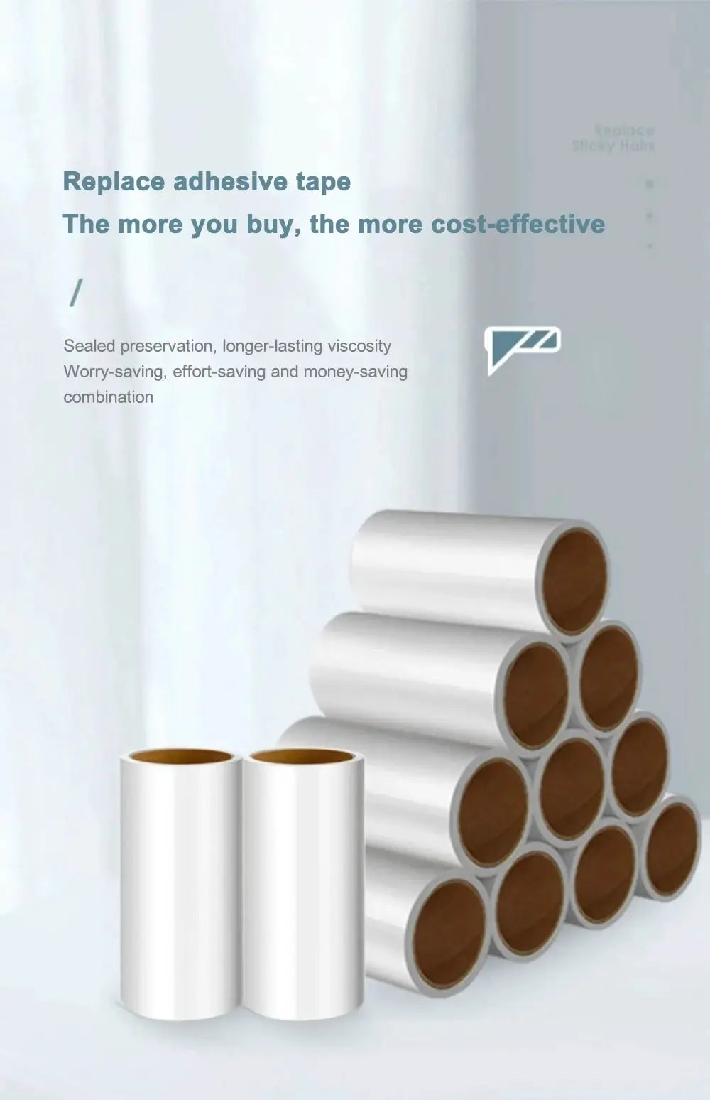 Simples Market adhesive tape rolls; white rolls stacked in a pyramid with brown cores