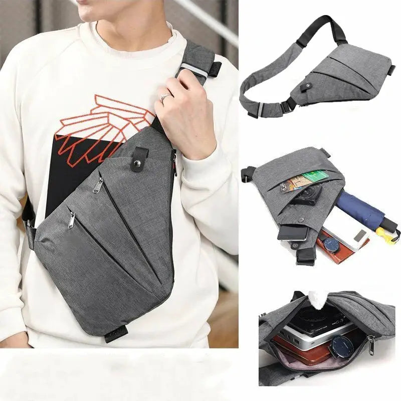 Grey crossbody chest bag with multiple zipper pockets and adjustable strap