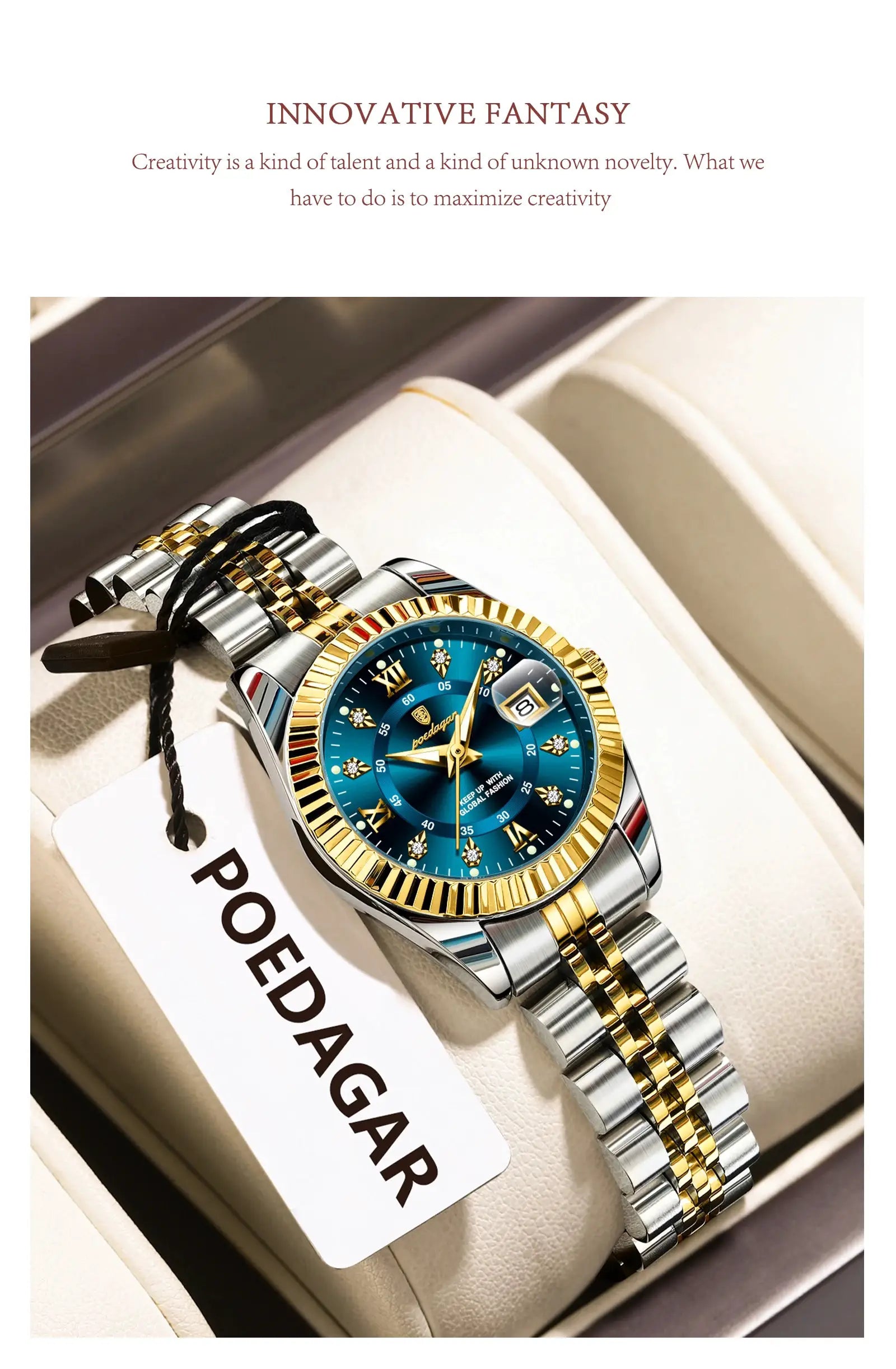POEDAGAR women's luxury watch, two-tone stainless steel bracelet with gold center links, blue dial with date window.