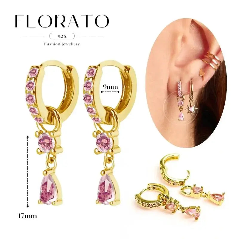 Florato 925 gold-tone hoop earrings with pink zircon drops, shown on ear