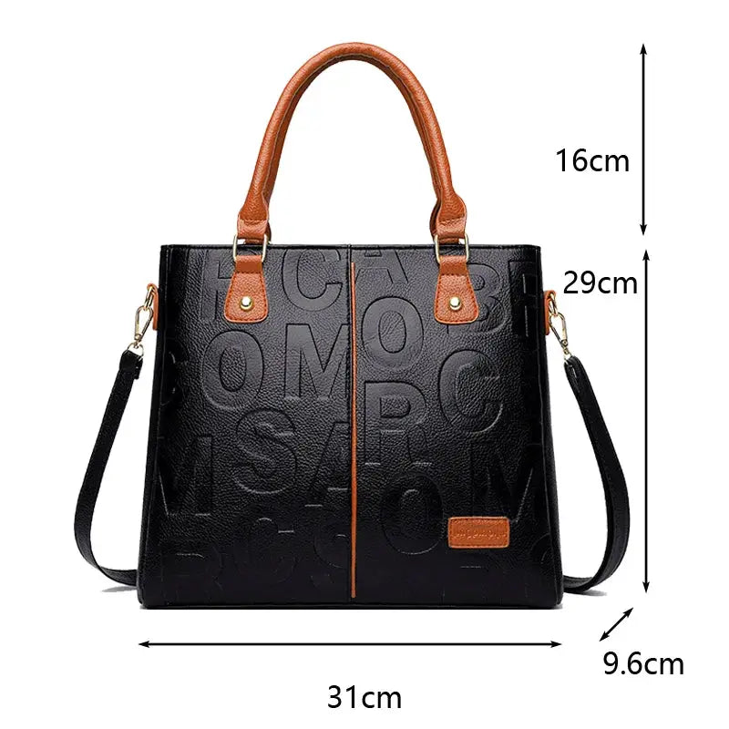 Simples Market PU leather crossbody tote bag, black with brown handles, embossed letters, detachable shoulder strap