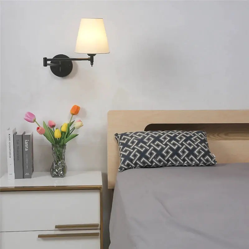 Nordic adjustable wall lamp with rotating arm, beige shade, black metal