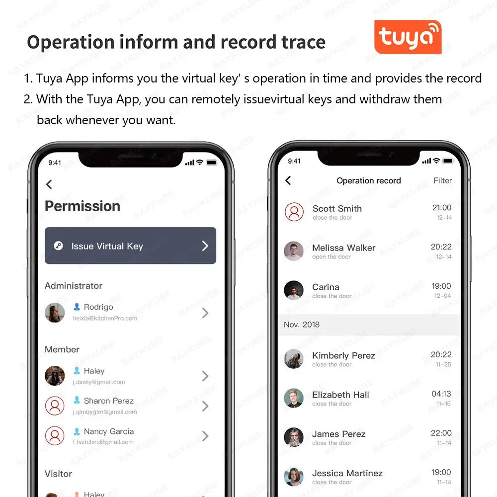 A1 Pro Bluetooth Smart Door Lock shown with Tuya app screens for issuing virtual keys and viewing operation records