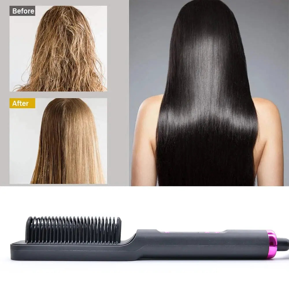 Simples Market electric hot comb straightener brush with negative ion, black with pink accents.