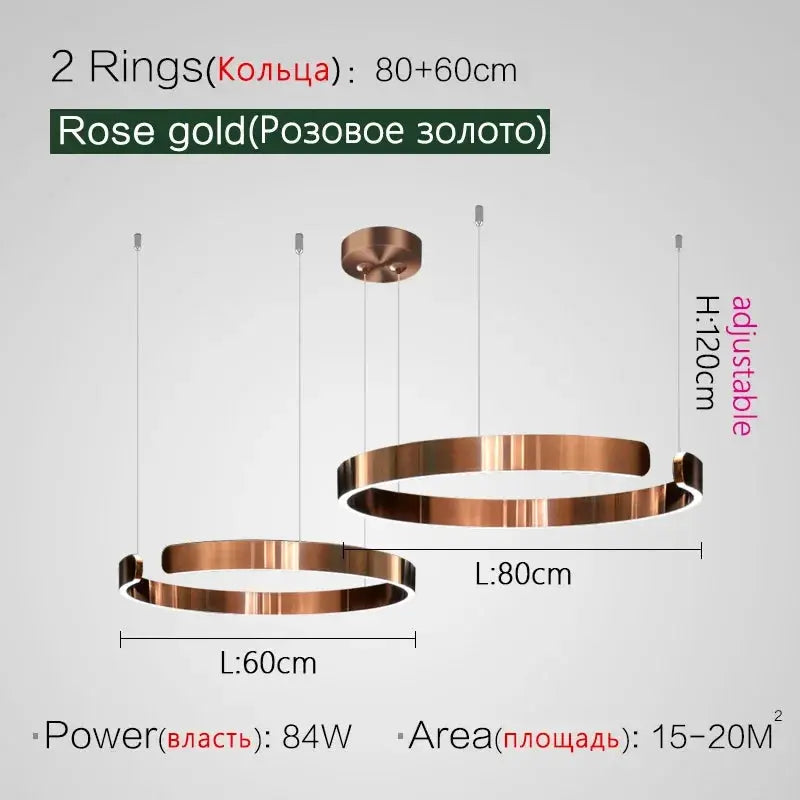 Simples Market Nordic Ring LED Pendant Lamps: 2 rose-gold rings hanging light fixtures, adjustable height