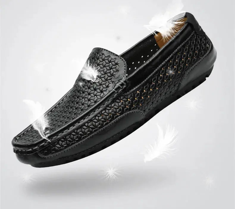 Men's black genuine leather loafers driving moccasins with breathable hollow-out design