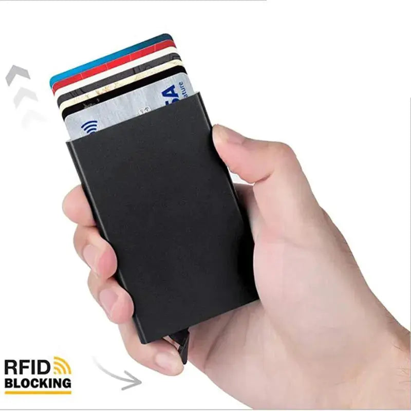 RFID blocking aluminum card holder wallet; mini slim black with 6 cards