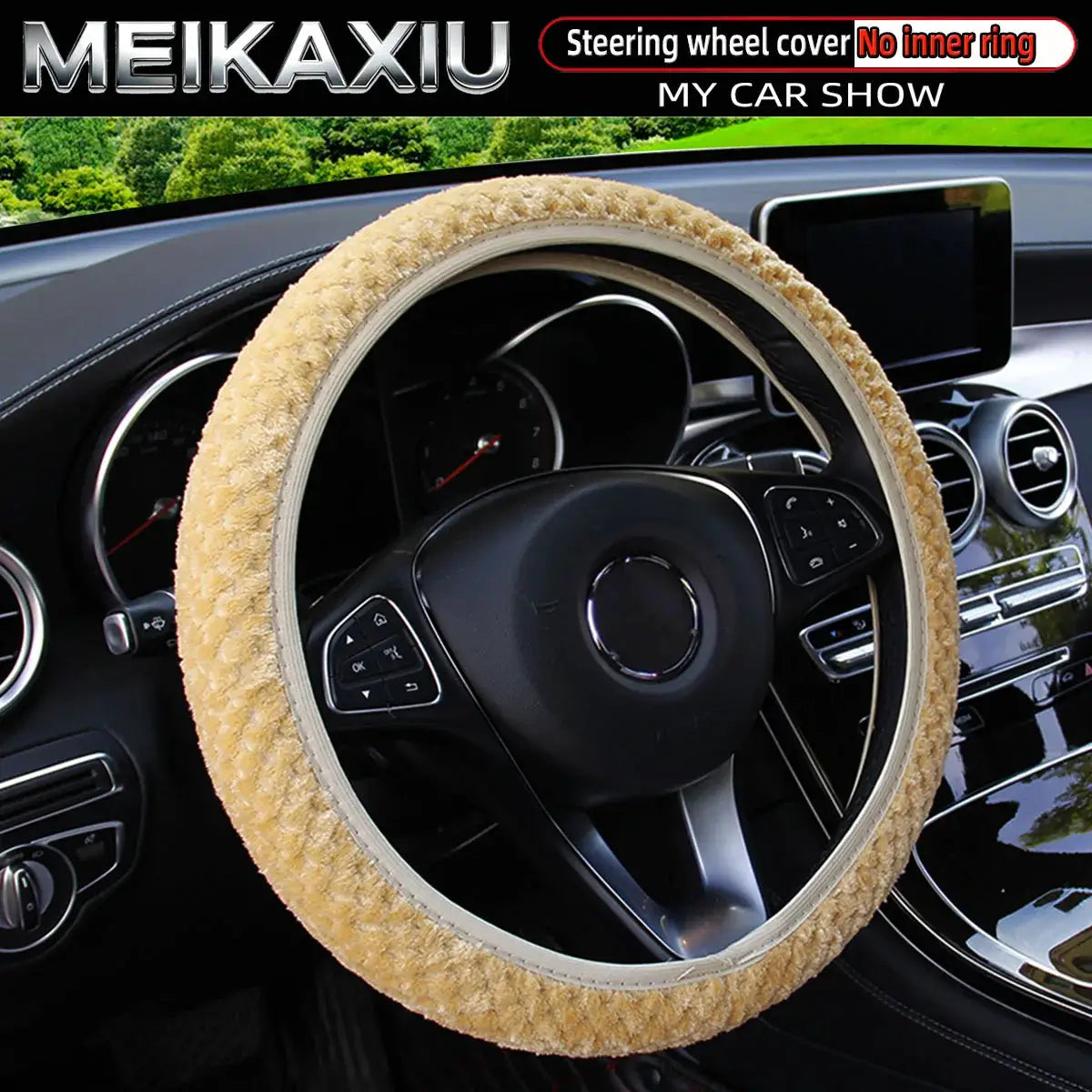 Steering wheel cover beige plush fur with elastic fit for cars by Simples Market