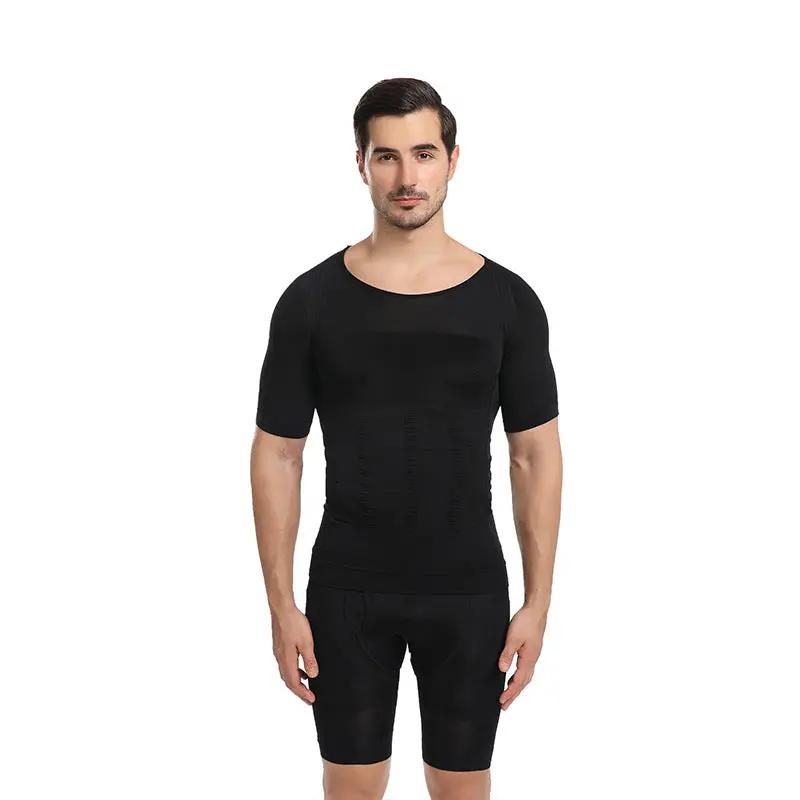 Men's black seamless compression undershirt and shorts 2-piece set; body shaper shapewear