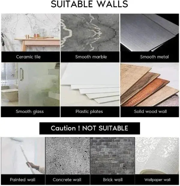 Simples Market towel rack collage shows suitable walls for self-adhesive mounting and unsuitable walls