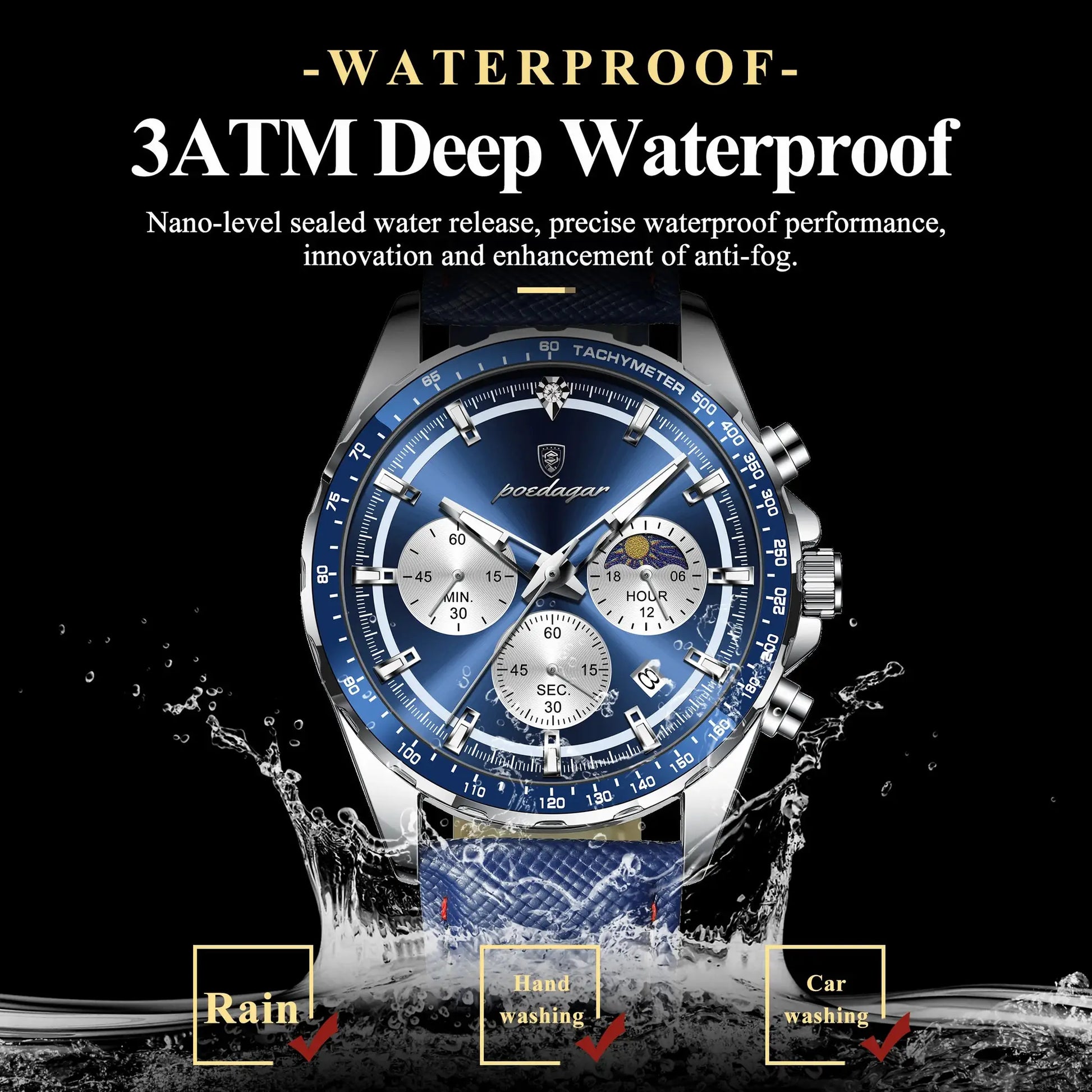 POEDAGAR men's wristwatch with blue dial, leather strap, chronograph and waterproof design